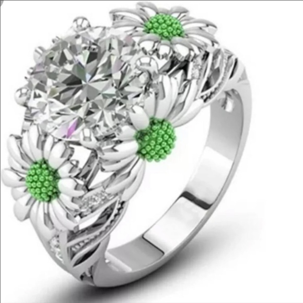 Green Silver daisy sunFlower Band Ring sz 6